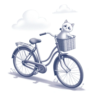 A small kitten sitting comfortably in a woven basket attached to the front of a vintage bicycle. The bicycle has large, spoked wheels and a curved frame with ornate details. The kitten has fluffy fur and bright eyes, looking curiously out of the basket. The background features a sunny sky with a few fluffy clouds, casting soft shadows on the ground. There are hints of greenery, such as grass and leaves, surrounding the bicycle, adding to the cheerful atmosphere.