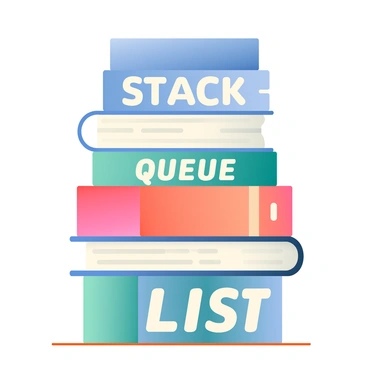 A tall stack of books is arranged vertically, with the top book labeled "Stack." Below it, there is a book labeled "Queue," and further down, a book labeled "List." The spines of the books are in various colors, including blue, red, and green, each with prominent, clear text indicating their titles. The stack is placed on a flat wooden surface, with soft light casting gentle shadows, enhancing the texture of the book covers.