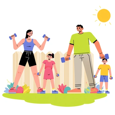 A family is in their backyard engaging in a group workout. The scene features four family members: a mother and father, both holding dumbbells, performing front raises. The mother has a bright blue tank top and black shorts, while the father wears a green T-shirt and gray sweatpants. Two children are also participating; the daughter wears a pink sports outfit and the son is in a yellow T-shirt and blue shorts. They are positioned in a semi-circle on a grassy patch, surrounded by colorful flowers and a wooden fence in the background. The sun is shining brightly, creating a cheerful atmosphere. Each family member is smiling and focused on their workout.