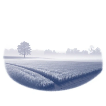 A farm field blanketed in morning fog. The grass is covered with glistening dew drops, creating a shimmering effect across the landscape. In the background, distant trees emerge faintly through the mist, their silhouettes barely visible. The scene captures a sense of calmness, with the fog giving a soft, muted atmosphere to the field. The overall composition is simple yet serene, emphasizing the natural beauty of the farm setting.