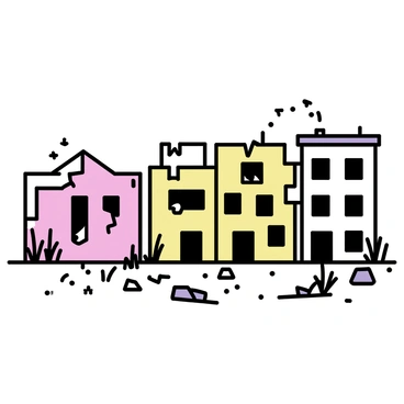 A cluster of abandoned buildings, their walls crumbling and covered in peeling paint. Weeds and wild grasses grow abundantly in cracks of the pavement and around the bases of the structures. The roofs of the buildings sag and show signs of decay. Broken windows reveal dark interiors filled with dust. Scattered debris lies on the ground, contributing to the atmosphere of neglect. The overall scene conveys a sense of desolation in a forgotten city area.