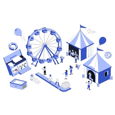 A carnival scene features various rides and booths, each uniquely themed around different protein structures. In the foreground, there is a Ferris wheel shaped like a helix, with gondolas resembling amino acid chains. Nearby, a colorful booth displays a model of a protein fold, showcasing intricate loops and shapes that attract visitors. Another booth features a game where participants can match different protein shapes to their corresponding functions, enhancing engagement. Balloons shaped like proteins float above the crowd, and visitors in assorted attire enjoy their time exploring the carnival's unique attractions.