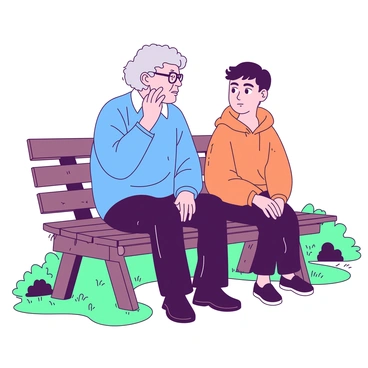 An elderly person with gray hair and glasses is sitting on a weathered wooden bench next to a teenager with bright, short hair. The elderly person is wearing a cozy blue sweater and has a thoughtful expression, leaning slightly forward as they speak. The teenager, dressed in a casual orange hoodie, is nodding in understanding, their hands resting on their knees. The scene is set in a park with green grass and some trees in the background, providing a peaceful atmosphere for their conversation.