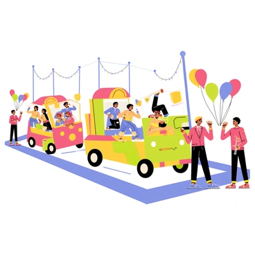 A lively parade featuring a variety of colorful floats moving down the street. Dancers in vibrant costumes are performing energetic routines alongside the floats. Musicians playing various instruments, such as trumpets and drums, add to the festive atmosphere. The street is lined with excited spectators watching the celebration unfold. Balloons and streamers embellish the scene, creating a joyful ambiance.