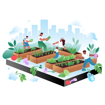 A vibrant urban garden is situated on a city rooftop, filled with an array of plants. Several people are engaged in various gardening activities, some are planting seedlings while others are watering the plants. Colorful vegetables like tomatoes, peppers, and leafy greens are visible among the greenery. Wooden planter boxes are arranged neatly, and tools such as rakes and watering cans are distributed throughout the scene. The city skyline looms in the background, creating a lively contrast with the lush garden.