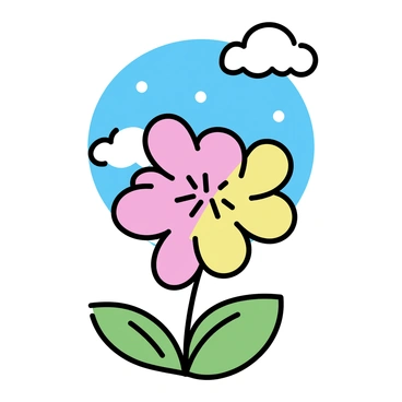 A vibrant flower with large petals in shades of pink and yellow is blooming prominently. The flower's green leaves are fresh and lush, adding to its vivid appearance. The sky above is clear blue, with a few fluffy white clouds scattered throughout. The sunlight is casting soft shadows around the flower, illuminating its details.