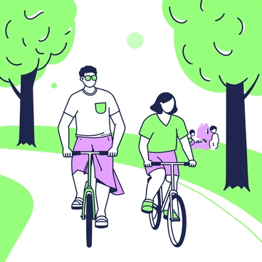A couple riding bicycles down a tree-lined path on a bright afternoon