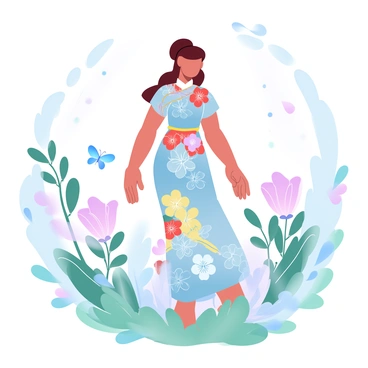 A Chinese girl wearing a colorful traditional "qipao" is standing in a blooming garden filled with various flowers. The "qipao" features intricate floral patterns in vibrant hues of red, blue, and yellow. The garden is alive with lush green foliage and an array of flowers in full bloom, creating a lively backdrop. Soft sunlight filters through the leaves, casting gentle shadows on the ground. Butterflies flutter around, adding to the beauty of the scene. A variety of flowering plants surround her, enhancing the vibrant atmosphere of the garden.