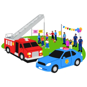 A vibrant scene at a local public safety fair. In the foreground, a bright red fire truck is parked with its ladder extended, showcasing its lights and equipment. Next to it, a shiny blue police car features the emblem on the door, and police officers stand nearby, engaging with attendees. In the background, safety demonstrations are taking place, with children and families watching intently as firefighters demonstrate how to use a fire extinguisher and police officers explain safety tips. Colorful banners and balloons decorate the area, creating a festive atmosphere.