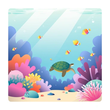 A vibrant coral reef is teeming with life in the foreground. Various types of corals in shades of pink, purple, and orange create a rich tapestry of colors. Schools of small, colorful fish in yellows, blues, and reds dart among the corals. A sea turtle swims gracefully through the scene, its shell displaying intricate patterns. Sunlight filters down from the surface, casting dappled light on the ocean floor, where sand is visible alongside scattered pebbles. Nearby, an anemone with bright tentacles sways gently with the water currents.