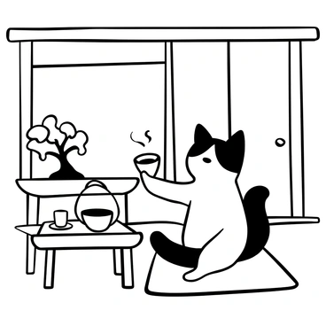 A "cozy cat" sitting on a tatami mat, holding a small teacup with its paw. The cat is surrounded by traditional Japanese tea house elements, such as wooden beams and sliding shoji screens. A steaming teapot rests on a low table next to the cat, with delicate tea cups arranged around it. In the background, a small indoor bonsai tree adds to the tranquil atmosphere. The warm wooden interiors create a sense of comfort and serenity.
