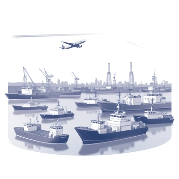 A busy harbor filled with various types of ships docked and maneuvering in the water. Some ships are large cargo vessels, while others are smaller sailboats or fishing boats. The water is agitated with movement from the boats and waves. Above, a jet is flying at a high altitude, leaving a visible trail in the sky that stretches across the blue expanse. The skyline in the background features industrial structures and cranes, contributing to the bustling atmosphere of the harbor.