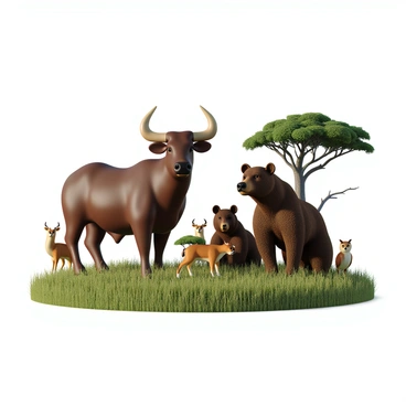 A safari scene featuring various animals symbolizing different market conditions. In the foreground, a powerful bull with glossy muscular features stands proudly, its horns poised upward as it gazes into the distance. Next to it, a strong bear with thick fur sits on its haunches, looking alert and cautious, embodying the bearish market sentiment. Surrounding them are other animals like a swift gazelle symbolizing agility in the market and a wise owl perched on a nearby tree branch representing wisdom in financial decisions. The landscape is filled with tall grass and a few acacia trees, setting a vibrant atmosphere for this unique depiction of market dynamics in the wild.