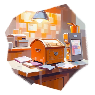 An antique-style wooden parcel box featuring intricate carvings of floral patterns and geometric designs. The box is prominently placed in an old-fashioned post office with wooden counters and vintage postal equipment. The surrounding area includes shelves lined with letters and packages, and a warm light illuminating the scene from an overhead lamp. Dust motes can be seen floating in the rays of light, adding to the nostalgic atmosphere of the post office.
