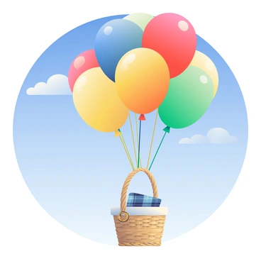 A cluster of colorful balloons in various shades of red, blue, yellow, and green is floating into the sky. Each balloon is tied together with bright strings, and they are lifting a small wicker basket. The basket is woven from light brown rattan and has a soft, plaid blanket peeking out from inside. The sky is a clear blue, providing a vivid backdrop for the scene, and a few fluffy white clouds are scattered in the distance. The balloons are soaring higher, giving a sense of upward movement and joy.
