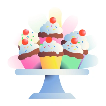 A whimsical display of colorful cupcakes is arranged on a large, round white cake stand. Each cupcake is a different vibrant color, including pink, blue, yellow, and green. They are topped with fluffy white frosting, adorned with a generous sprinkle of rainbow-colored sprinkles. On each cupcake, a bright red cherry sits atop the frosting, adding an extra touch of sweetness. The background features soft, blurred pastel colors that highlight the cupcakes' vivid hues. The scene is inviting and playful, perfect for a festive celebration.