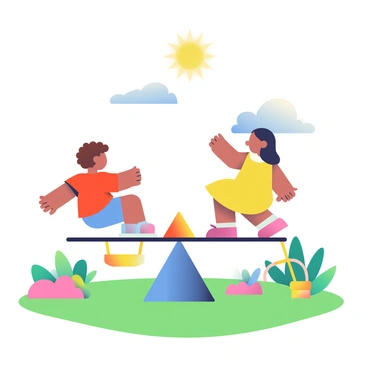 A seesaw in a playground with children balancing perfectly, depicting the concept of leverage