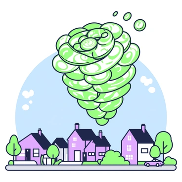A small town is visible below with various houses, each featuring distinct rooftops and chimneys. The streets are lined with trees and a few parked cars. Above the town, a swirling tornado made entirely of coins is spiraling downwards. The coins reflect light as they twist and twirl, creating a dynamic vortex. The tornado is composed of various sizes of coins, some glinting in the sunlight. In the background, a clear blue sky contrasts with the chaotic movement of the tornado.