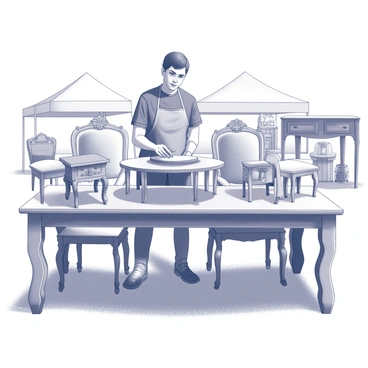 A vendor stands behind a rustic wooden table displaying an array of elegant handcrafted furniture pieces. The selection includes finely crafted chairs with intricate carvings, a beautifully designed coffee table featuring unique grain patterns, and a set of decorative side tables. Each piece highlights the quality of craftsmanship with smooth finishes and attention to detail. The vendor engages with visitors, highlighting the unique aspects of each item. Stalls and tents with various goods are visible in the background, indicating a lively local fair atmosphere.