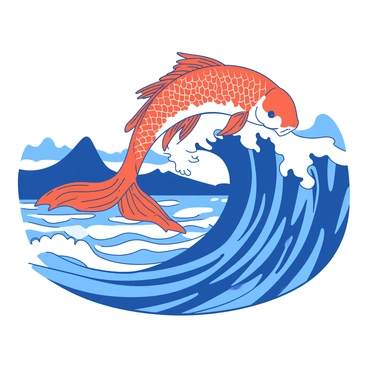 A vibrant orange koi fish is cresting over a large blue wave. The koi's scales are glistening in the light as it arches its body gracefully above the water. The wave is depicted with swirling patterns, and the foam at its crest is highlighted. The background is filled with hints of traditional Japanese elements, including distant silhouettes of mountains and a soft, flowing horizon.