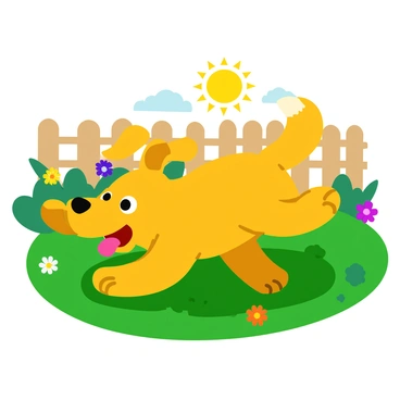 A playful dog with a shiny golden coat is enthusiastically chasing its own tail in a green backyard. The dog has its ears perked up and its tongue hanging out, showcasing a joyful expression. Bright flowers in various colors dot the lush grass surrounding the dog. A wooden fence is visible in the background, and the sun is shining brightly, casting playful shadows. The dog's movement creates a sense of dynamism as it spins in circles, its tail wagging excitedly.
