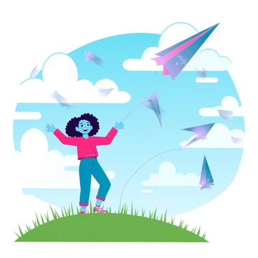 A young child with curly hair and bright clothing is standing atop a grassy hill, preparing to launch colorful paper planes into the sky. The child has an expression of pure joy, with arms outstretched as they release the planes. The scene is filled with several paper planes soaring through the air, each adorned with various designs and patterns. In the background, a clear blue sky is visible, dotted with fluffy white clouds, and the gentle breeze is causing the grass to sway. The sun casts soft shadows on the ground, enhancing the cheerful atmosphere of the moment.