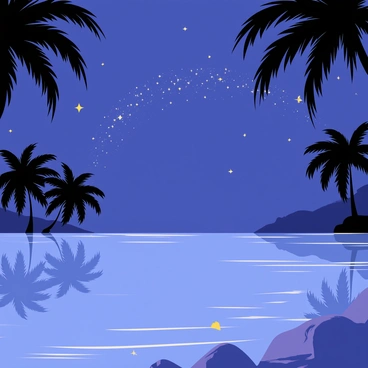 A lagoon with clear, calm waters reflecting the twinkling stars in the night sky. The water's surface is smooth, creating a mirror-like effect that captures the shimmering constellations above. Silhouettes of tropical trees line the shore, their leaves gently rustling in a soft breeze. The sky is filled with a deep blue hue, dotted with white and yellow stars, while a faint milky way arch stretches across the horizon. In the foreground, small rocks are partially submerged in the water, adding texture to the serene scene.