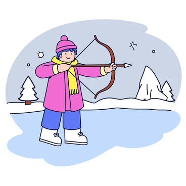 An archer in winter attire shooting an arrow across a frozen lake