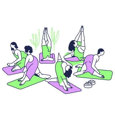 A group of individuals is exercising on yoga mats arranged in a circular formation. Each mat features a distinctive pattern, with some in shades of purple and others in green. The participants are performing synchronized glute bridges, with their backs resting flat on the mats and their feet planted firmly on the ground. Their arms are extended towards the ceiling, and their faces show concentration. In the background, there are a few decorative plants adding to the setting. The atmosphere is focused on fitness and teamwork, with each individual aligned in perfect harmony.