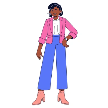 A chic individual wearing a stylish outfit stands confidently for a fashion photo. The outfit features a tailored blazer in a bold color, paired with high-waisted trousers. The person wears trendy ankle boots and accessorizes with statement jewelry, including large earrings and a stylish watch. Their hair is styled neatly, and they have a confident expression. The background is a simple, muted color that complements the outfit. 