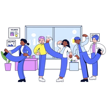 A group of office workers is performing high knees in a well-lit office space. The individuals are wearing casual business attire, such as dress shirts and slacks. Each worker is actively lifting their knees high while maintaining a cheerful expression. Some workers are positioned in front of a large window with a view of a cityscape, while others are near a desk with a potted plant. There are motivational posters related to wellness on the walls, creating an energetic atmosphere.