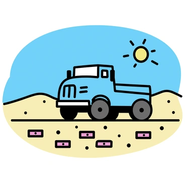 A large blue truck is driving through a vast desert landscape. The truck has a sturdy build and is moving over a dusty terrain. Scattered on the ground are various red bricks, partially buried in the sand. The sun is shining brightly, casting clear shadows of the truck and the bricks on the ground. The background features rolling sand dunes under a clear blue sky.
