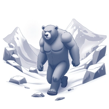 A large humanoid figure, resembling a bear in appearance, trekking through snow-capped mountains. The figure has a rugged, powerful build, with thick fur and a determined expression on his face. Snowflakes gently fall around him, accumulating on the ground and on the stony surface of the mountain paths. Jagged peaks rise sharply in the background, contrasting with the smooth white snow. The sky above is overcast, hinting at a cold, wintry atmosphere. The figure's heavy boots leave distinct tracks in the fresh snow as he moves resolutely forward.