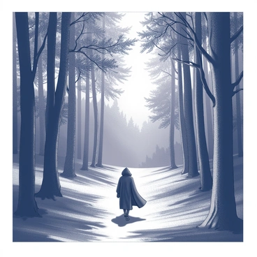 A lone figure is walking down a narrow path in a forest. The path is dimly lit, with limited visibility due to the thick canopy overhead. Tall trees flank the sides of the path, creating looming shadows that stretch towards the ground. The figure is clad in a long cloak that billows slightly with each step. The atmosphere is dense with trees, their trunks stark against the darkness, while the leaves above create a patchy pattern of light and shadow on the ground. The air appears still, contributing to the sense of solitude in the scene.