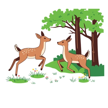 Two light brown roe deer fawns are playfully chasing each other near the edge of a woodland. One fawn has its ears perked up and is leaping in the air, while the other fawn is slightly behind, its tail raised in excitement. The ground is covered with soft green grass and scattered small wildflowers. In the background, tall trees with vibrant green leaves create a natural frame around the scene. Sunlight filters through the branches, casting dappled shadows on the ground.