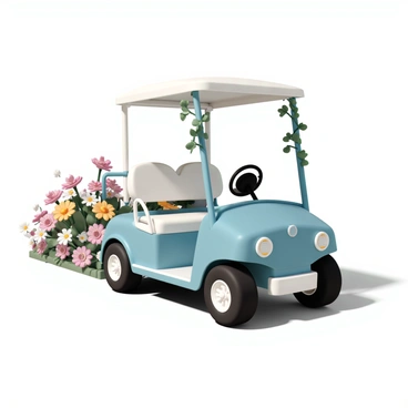 A golf cart, painted in a vibrant shade of light blue, is parked beside a blooming garden. The cart is adorned with an assortment of fresh flowers, including bright pink roses, sunny yellow daisies, and delicate white lilies. Vines with green leaves elegantly wrap around the sides of the cart, adding a touch of greenery. The garden beside the cart is lush and filled with a variety of colorful flowers, creating a lively and cheerful atmosphere. The sunlight casts gentle shadows, highlighting the intricate details of the flowers and the cart's design.