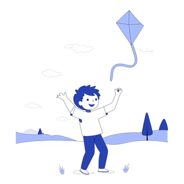 A child is joyfully flying a kite on a breezy day. The child is standing on a grassy field, with arms extended upwards holding the kite string. The kite is soaring high in the sky, featuring a long tail that flutters in the wind. The child has a wide smile, with hair blowing gently in the breeze. In the background, there are a few scattered clouds, and the landscape includes simple hills and a distant tree line.