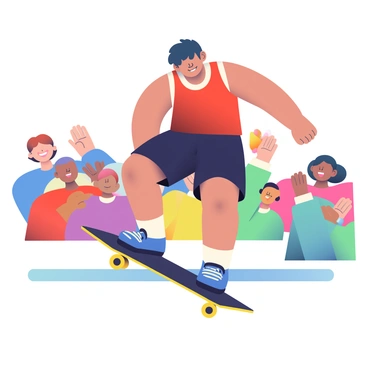 A close-up of a longboarder with short, dark hair is mid-trick, demonstrating a stylish maneuver in the air. The longboard features a vibrant graphic design. The longboarder's outfit consists of a red tank top and black shorts. His expression is one of concentration and excitement. The background shows a cheering audience with raised hands and bright smiles, capturing their enthusiasm and support for the trick. Various colorful clothing worn by the audience adds to the lively atmosphere of the scene.