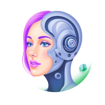 A portrait of a human whose face is divided in half. One side shows natural skin tones and features, while the other half reveals intricate robotic components, including gears, circuits, and metallic textures. The human side displays expressive eyes and soft hair, contrasting with the cold, precise lines of the robotic half. Subtle lighting highlights the details of both the organic and mechanical parts, emphasizing the uniqueness of the hybrid form.