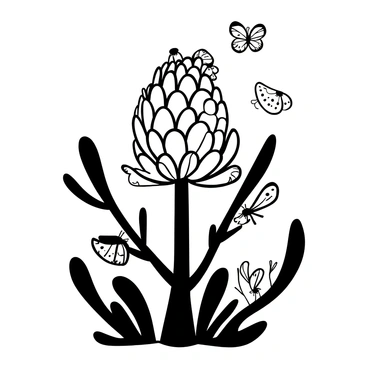 An artichoke plant with large, textured leaves growing tall. Multiple ladybugs are perched on the leaves, showcasing their distinct spots. A few butterflies are resting gently on the leaves, with their wings spread wide, displaying their intricate patterns. The scene captures the details of the plant and insects, with the artichoke itself at the center, surrounded by an abundance of greenery.