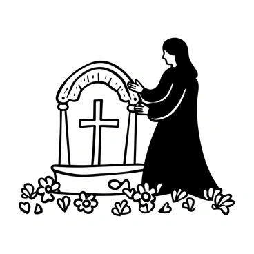 A figure draped in flowing black robes stands beside an ornate tomb, with intricate carvings adorning its surface. The tomb is surrounded by wilted flowers scattered across the ground. The figure's posture conveys deep sorrow, with hands gently resting on the tomb. Shadows create depth and texture, enhancing the somber atmosphere of the scene.