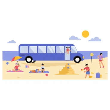 A blue bus parked on a sandy beach. The bus has large windows reflecting the sun's rays. In the background, the ocean waves gently lap against the shore. Several people are scattered across the beach, some are sunbathing on colorful towels, while others play beach volleyball. A family is building a sandcastle near the bus, with buckets and shovels in hand. Bright umbrellas dot the landscape, providing shade to sunbathers. The sky is clear with a few fluffy white clouds, emphasizing the sunny day.