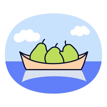 A small boat with a light wooden finish is gently floating on a calm, blue lake. The boat is filled with bright green pears, showcasing their smooth skin and rounded shapes. The water reflects the vibrant colors of the pears, creating a serene composition. The scene is framed by a clear blue sky with a few fluffy white clouds.