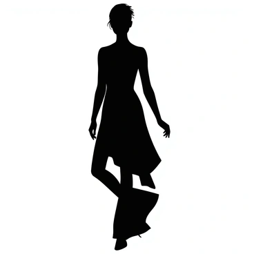 A black and white silhouette of a fashion figure stands confidently in a dynamic pose. The figure is depicted with minimalist lines, emphasizing a sleek and modern style. The silhouette is elongated, showcasing a sophisticated outfit that flows elegantly. The background is plain to highlight the striking contrast of the black figure against it, enhancing the overall visual impact.