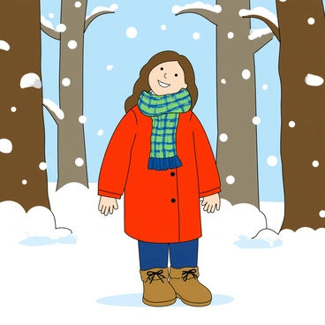 A young girl with light skin and long brown hair is standing in a snow-covered forest. She is wearing a bright red winter coat that contrasts with the white snow. Wrapped around her neck is a thick, knitted scarf in shades of blue and green. The trees surrounding her are tall and covered in a layer of fluffy snow. Flakes of snow continue to fall gently around her, creating a magical winter atmosphere. The girl has a joyful expression on her face, and she is looking up at the snowflakes as they drift down.