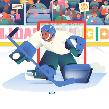 A hockey goalie with a light olive skin tone is in action, wearing a vibrant blue helmet and matching pads. He is crouched down in the crease, extending his right glove in a dramatic manner to block a fast-moving puck. The puck is approaching quickly, captured mid-air just inches from his glove. The goalie’s focused expression shows his determination, with sweat glistening on his forehead. In the background, the ice rink is bustling with players in colorful jerseys, while the audience is visible, cheering in the stands with vibrant signs and banners. The rink's lights reflect off the ice surface, creating a dynamic atmosphere during the game.