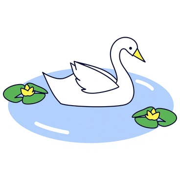 A graceful origami swan with intricate folds and a smooth white surface is positioned in the center of a tranquil pond. The water is calm, creating a clear reflection of the swan. Surrounding the pond are green lily pads with small yellow flowers blooming. The background features gentle ripples in the water that enhance the serene scene.