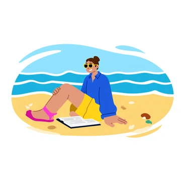 A student sitting on a sandy beach, focused on studying with an open textbook in front of them. The student is wearing a bright blue shirt and shorts, with sunglasses resting on their head. A light breeze is gently blowing their hair. In the background, clear ocean waves are rolling onto the shore, creating a rhythmic motion. Scattered seashells and beach pebbles are visible in the sand around the student, adding detail to the serene scene.
