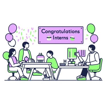 A small office space is decorated for a celebration. Balloons of various sizes are floating in the air, some are tied to the chairs and desks. A prominently displayed banner hangs across one wall, with the words "Congratulations Interns" clearly visible. There are a few tables set up with snacks and drinks, including a cake decorated with frosting. In one corner, a group of people is smiling and chatting, wearing casual office attire. On a nearby table, there are colorful paper plates and napkins ready for the celebration.
