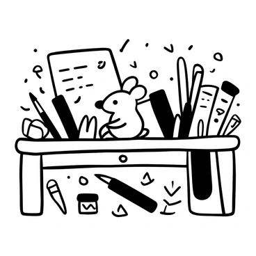 A small mouse sitting on a wooden desk. The desk is cluttered with various pens scattered around, sheets of paper with sketches, and an assortment of art supplies, including brushes and paint tubes. The mouse is surrounded by a chaotic arrangement of items, with a few paperclips and a drawing pad in the background, creating a sense of a busy workspace.